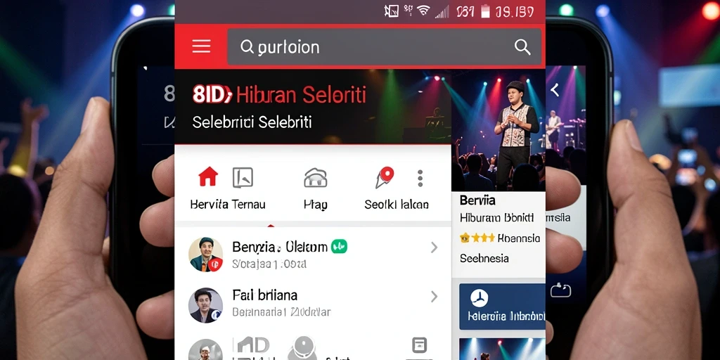 Tampilan antarmuka aplikasi 8ID dengan berita selebriti terkini.